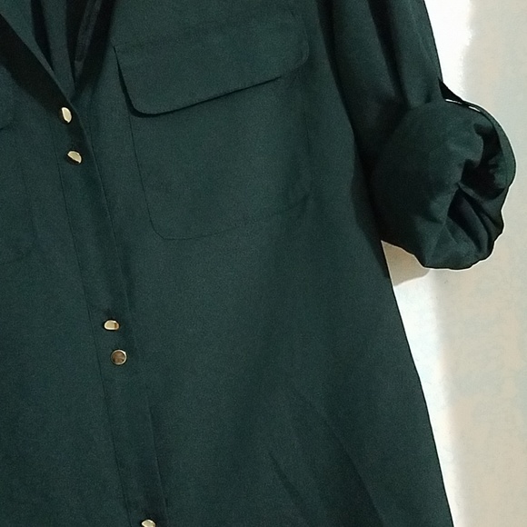 Metallic Dark Green Button Up Blouse - Picture 2 of 3